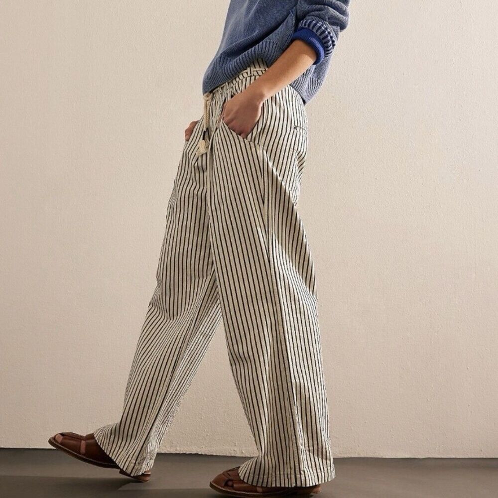 Free People Dakota Cinched Railroad Pull On Jeans We The Free Blue Motif Size S